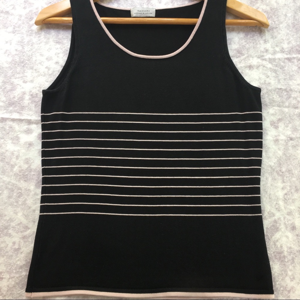 Tahari Black and Cream Striped Knit Tank Top